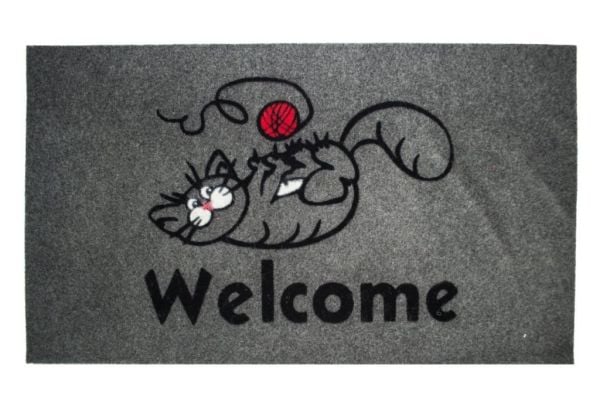 Giz Home Tody Flok Kapı Paspası 40X70 Gri Welcome Kedi