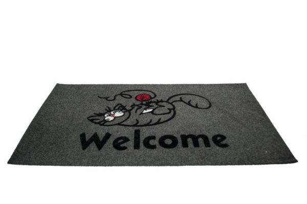 Giz Home Tody Flok Kapı Paspası 40X70 Gri Welcome Kedi