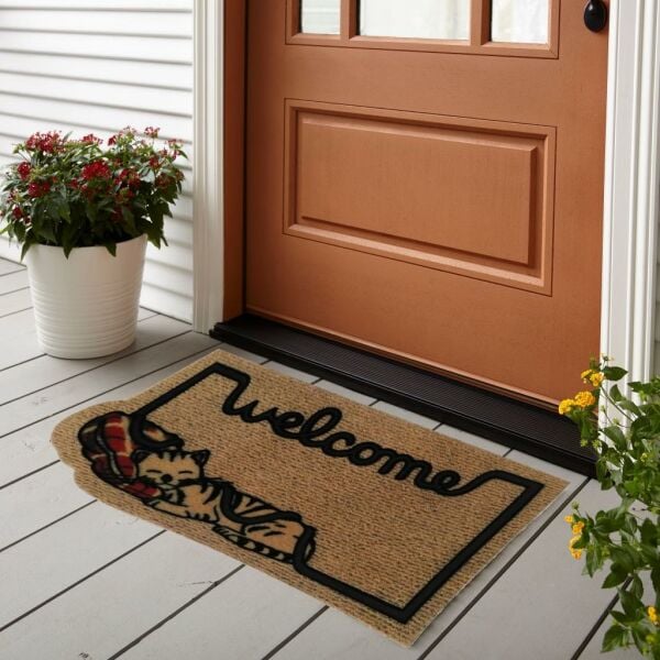 Giz Home İtalyan Kokardo Kapı Paspası 40X70 Welcome Uyuyan Kedi