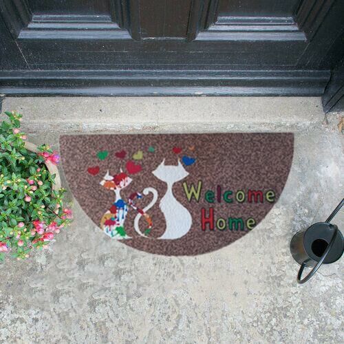 Giz Home Boyalı/Megan Kapı Paspası 40x75 Yarımay Kahve İki Kedi