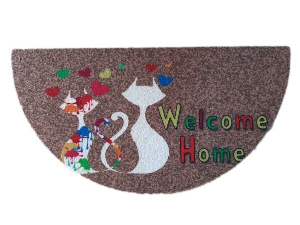 Giz Home Boyalı/Megan Kapı Paspası 40x75 Yarımay Kahve İki Kedi