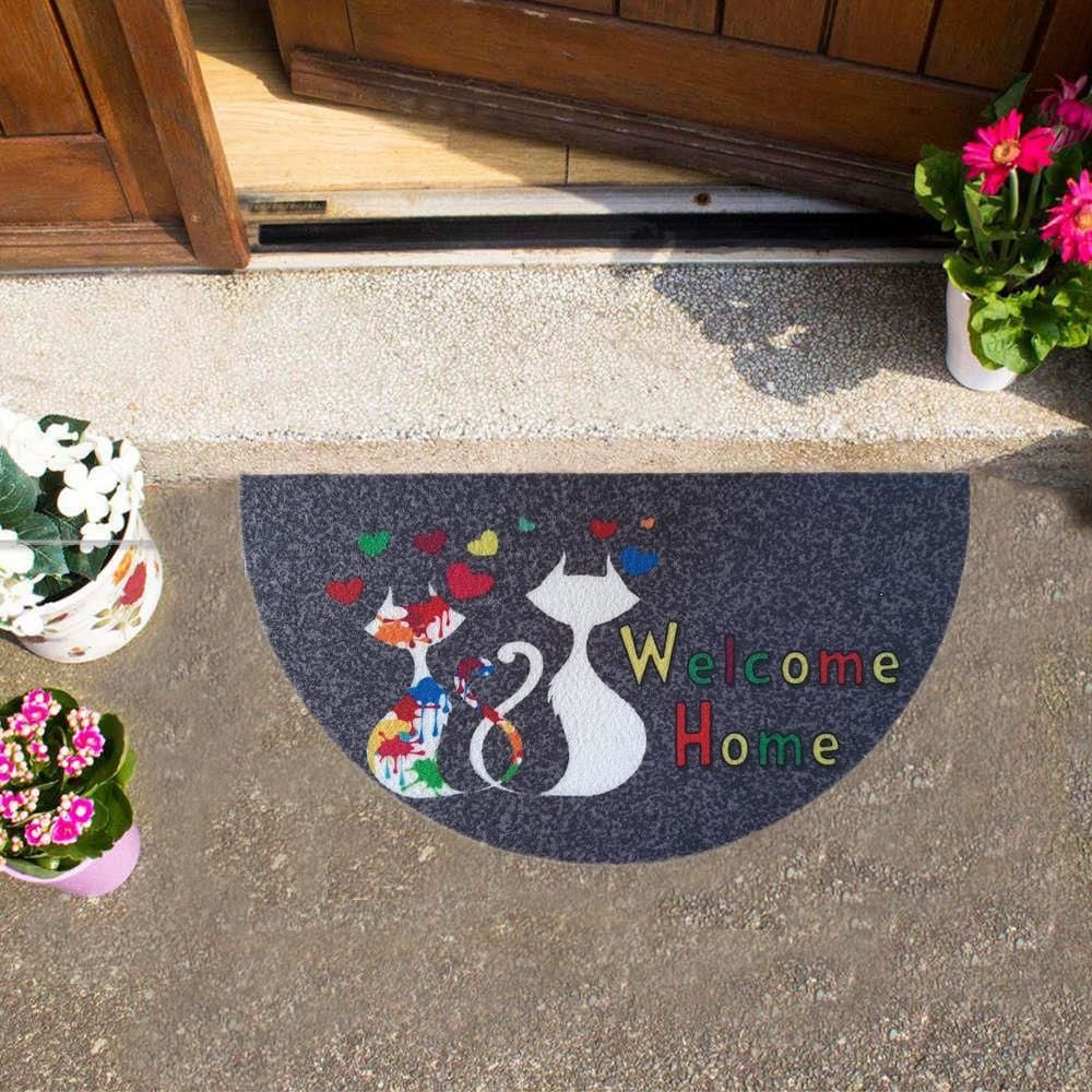 Giz Home Boyalı/Megan Kapı Paspası 40x75 Yarımay Gri Iki Kedi