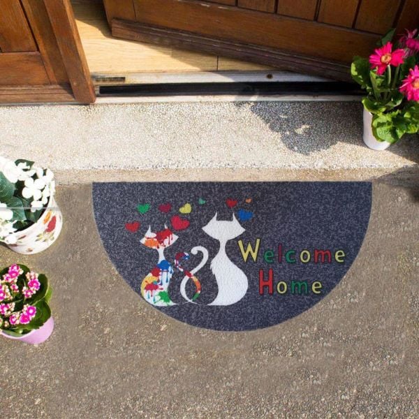 Giz Home Boyalı/Megan Kapı Paspası 40x75 Yarımay Gri Iki Kedi