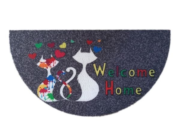 Giz Home Boyalı/Megan Kapı Paspası 40x75 Yarımay Gri Iki Kedi