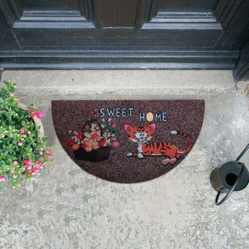 Giz Home Boyalı/Megan Kapı Paspası 40x75 Yarımay Kahve Home Sweet Home Kedi