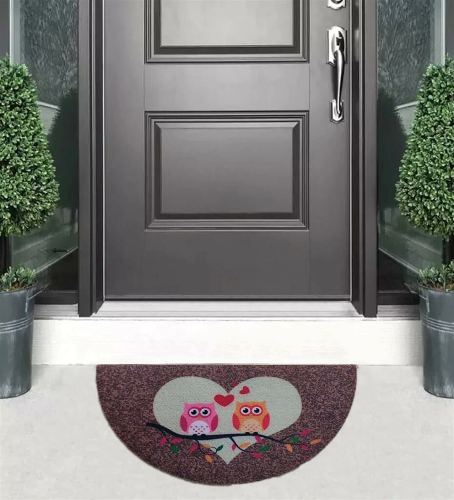Giz Home Boyalı/Megan Kapı Paspası 40x75 Yarımay Kahve Çift Baykuş