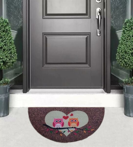 Giz Home Boyalı/Megan Kapı Paspası 40x75 Yarımay Kahve Çift Baykuş