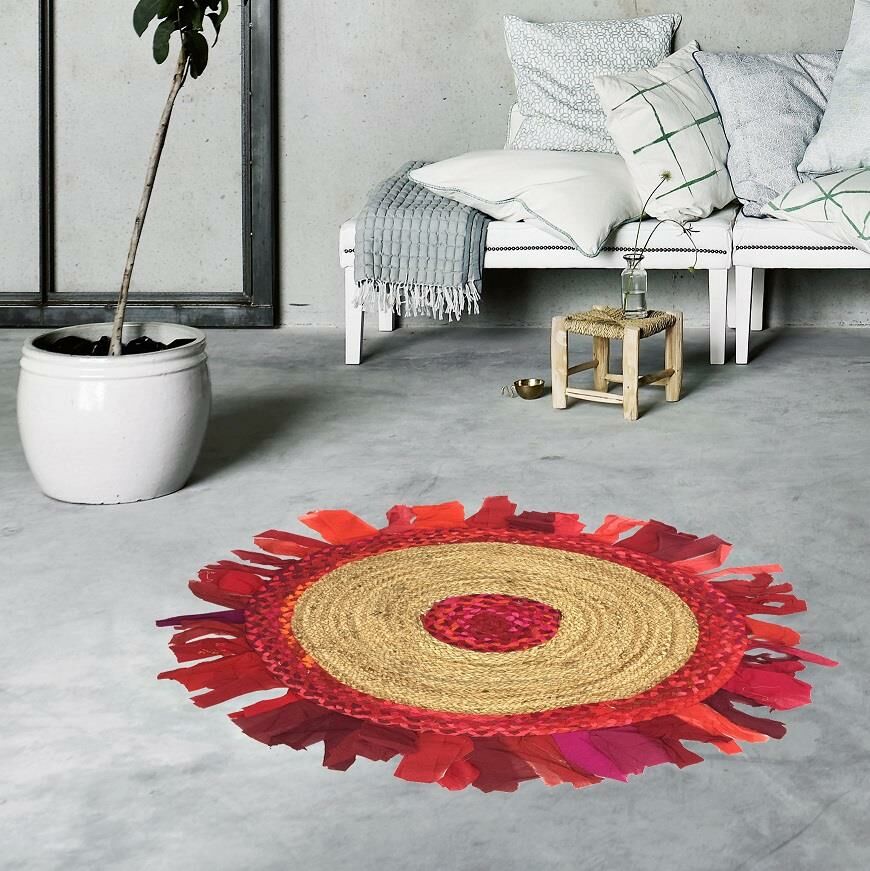 Giz Home Bolero Jüt Örgü Halı 90X90 Y8-459 Yuvarlak Püsküllü Kırmızı