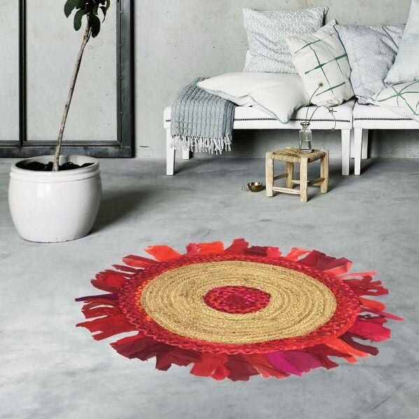 Giz Home Bolero Jüt Örgü Halı 90X90 Y8-459 Yuvarlak Püsküllü Kırmızı