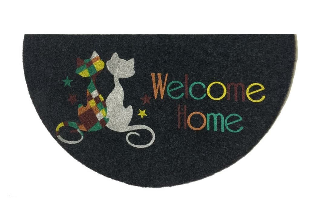 Giz Home Boyalı/Megan Kapı Paspası 40X70 Yarımay Gri Welcome Kediler